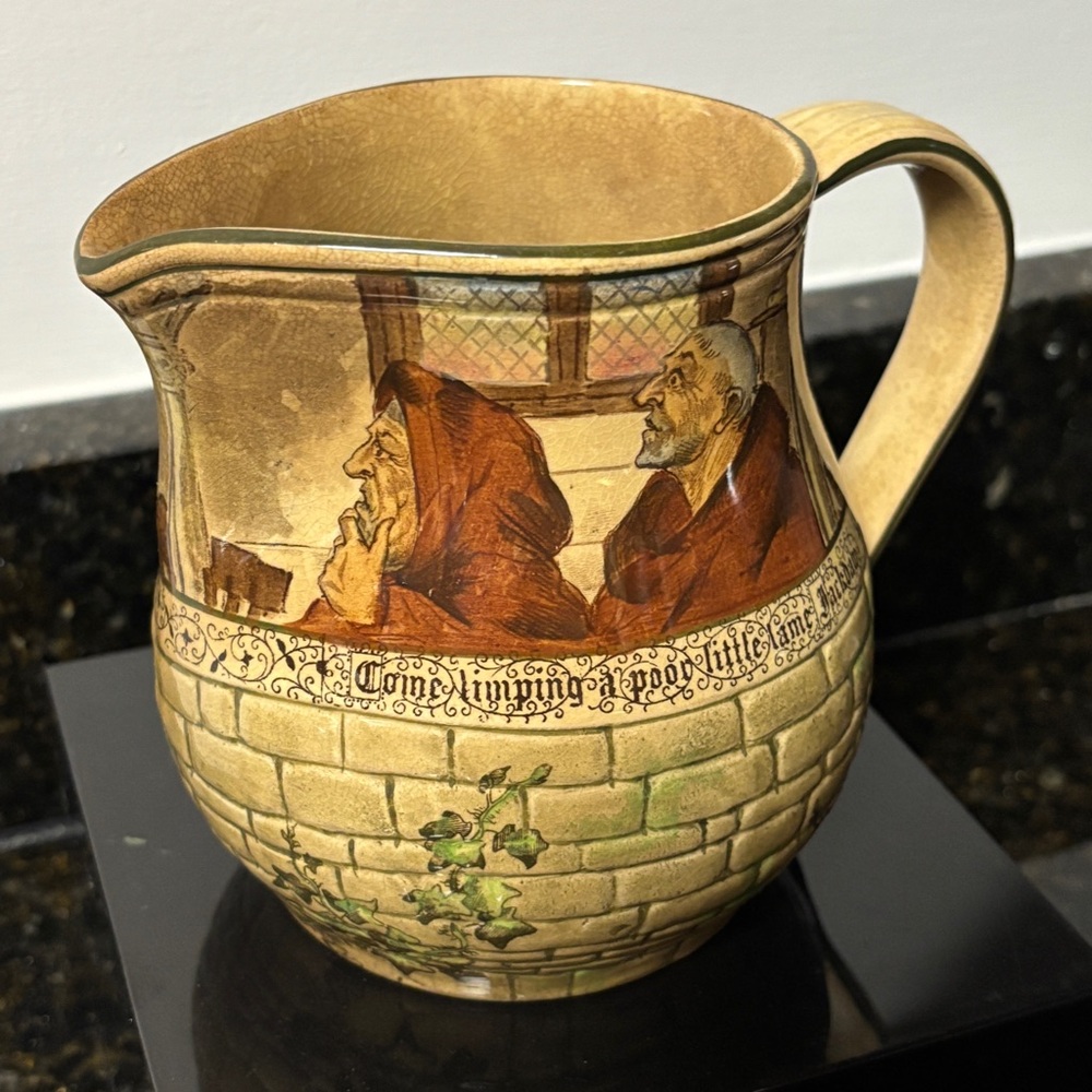 Large Antique Royal Doulton Pitcher "The Jackdaw of Rheims" w/Poem and Two Monks